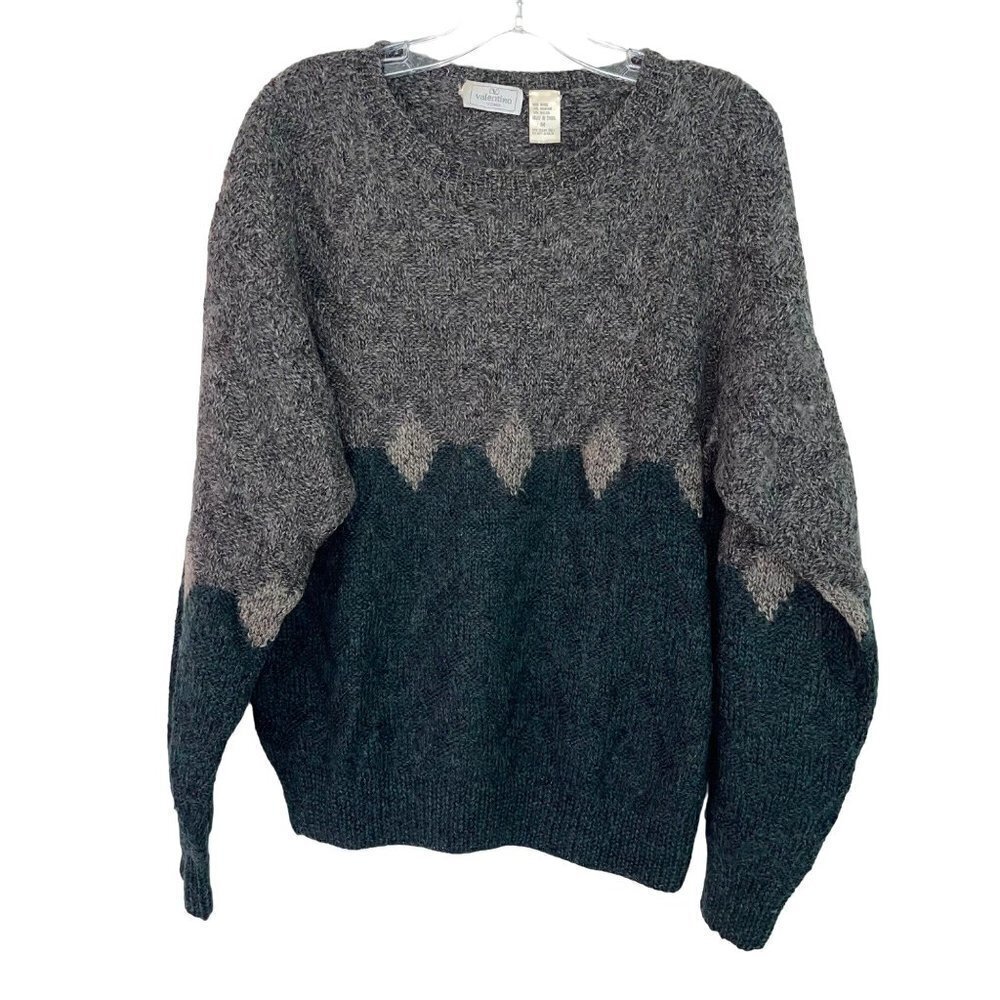 Valentino Uomo Mens Sweater Green Gray Size Medium Vintage Wool Mohair Nylon